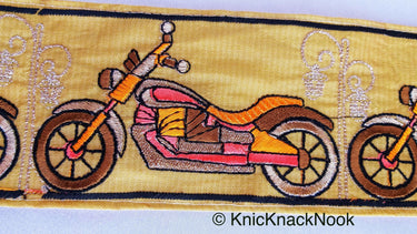 Beige Fabric trim with Embroidered Motor Bikes - Brown, Orange, Light Gold & Pink